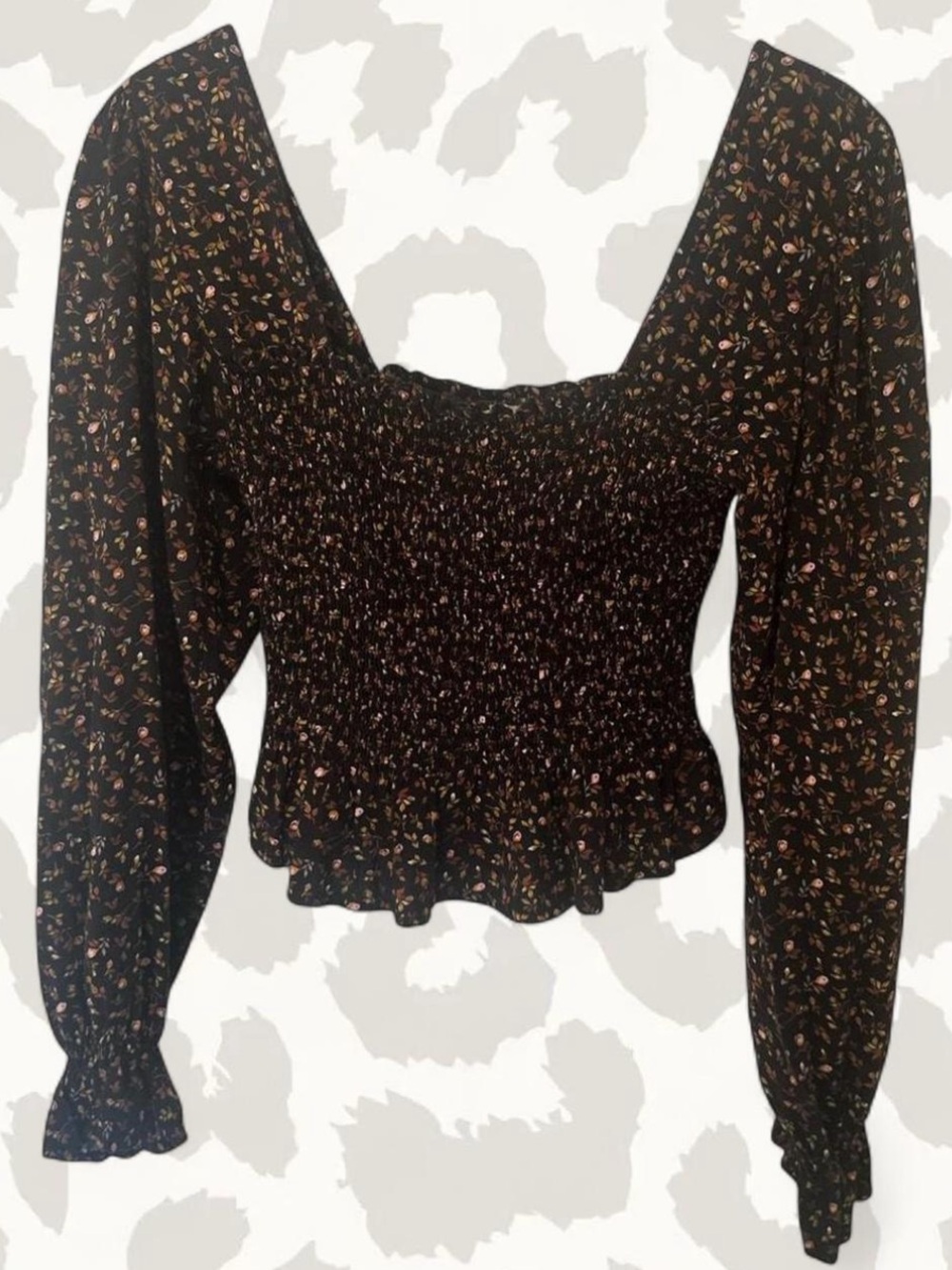 Nordstrom BP Black Floral Smocked Square-Neck Crop Top